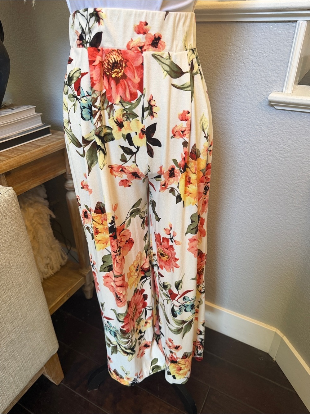 JLUXLABEL Boho Floral Wide Leg Pants High Waist Flowy Palazzo Cream Multi SZ M - Picture 2 of 7